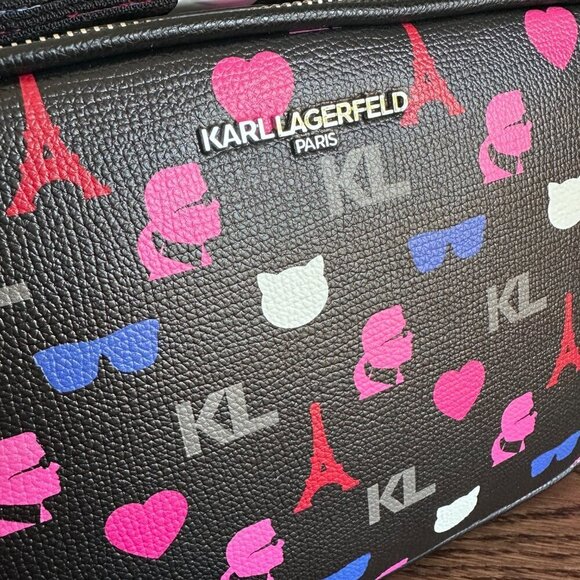 NWT! Karl Lagerfeld Maybelle Paris Double Zip Camera Bag Multi Color Monogram - Picture 3 of 9